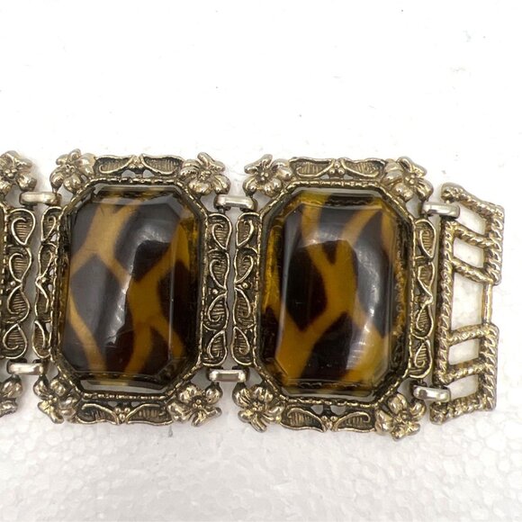 Vintage Animal Print Chunky Bracelet Lucite Brown Gold Cabochons Gold Tone  READ - Picture 8 of 11